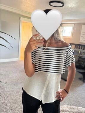 Anthropologie Striped Off-Shoulder Mixed-Material Top in Navy and White